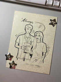 half body, additional person, simple elements bg