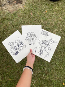 left to right: (1) bust up, additional person, simple elements bg, (2) half body, additional person, simple elements bg, (3) head shot, simple elements bg